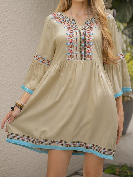 

Boho Embroidered V Neck A-Line Dresses, Apricot, Mini Dresses