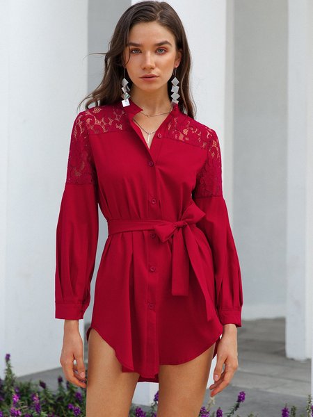 

Casual Shirt Collar Weaving Dress, Wine red, Auto-clearance