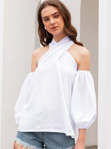 

Cross Cold Shoulder Casual 3/4 Sleeve Shift Blouse, White, Blouses and Shirts