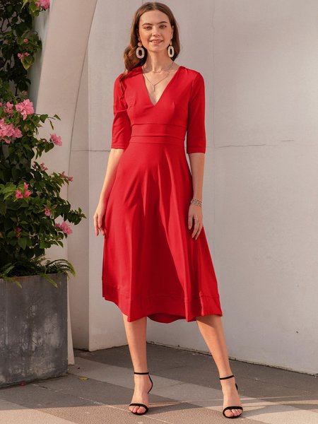 

Shift Half Sleeve Vintage Dress, Red, Midi Dresses