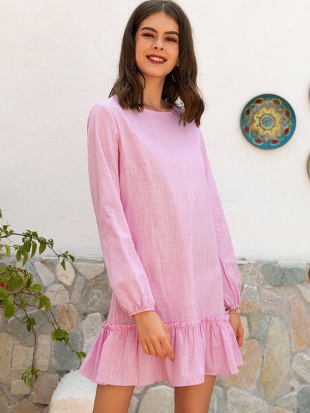 

A-Line Polyester Cotton Casual Crew Neck Weaving Dress, Pink, Auto-clearance