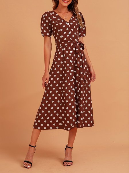 

Brown Sweet V Neck Polka Dots Dress, Midi Dresses