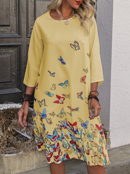 

3/4 Sleeve Casual Printed Women Dress, Yellow, Maxi Dresses