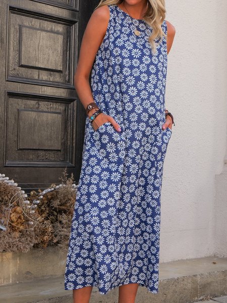 

Floral Casual Crew Neck Sleeveless Knitting Dress, Blue, Floral Dresses