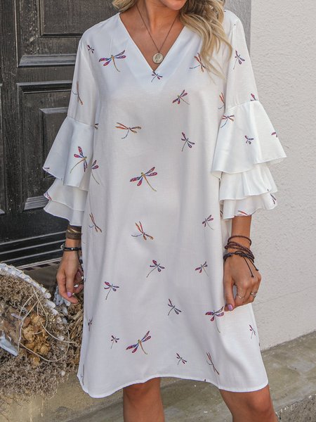 

Half Sleeve V Neck Floral Knitting Dress, White, Casual Dresses