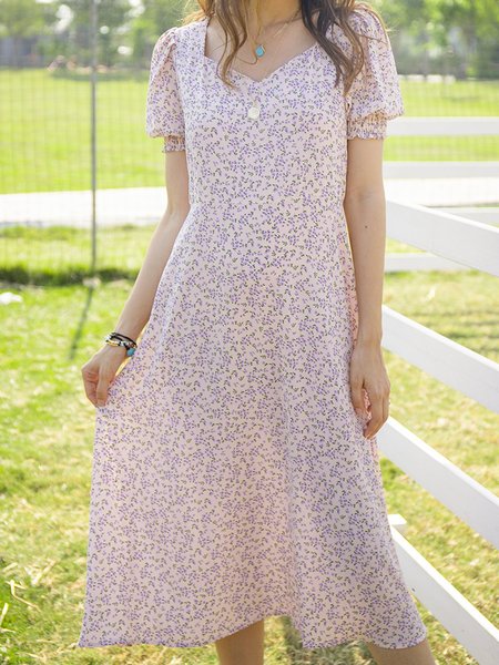 

Shift Short Sleeve Sweet V Neck Dresses, White, Midi Dresses