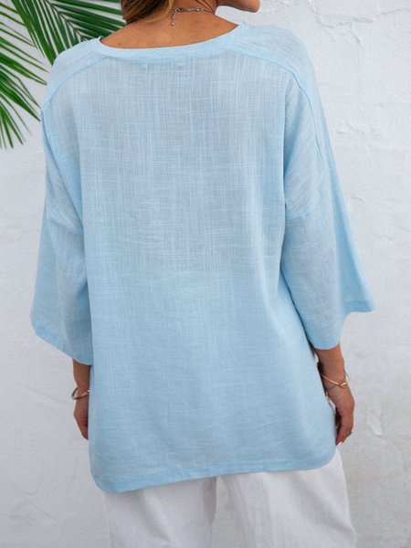 

V Neck Cotton Shift 3/4 Sleeve Shirts & Tops, Blue, Tunics