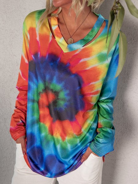 

Long Sleeve V Neck Ombre/tie-Dye Cotton-Blend Tops, Multicolor, Tops
