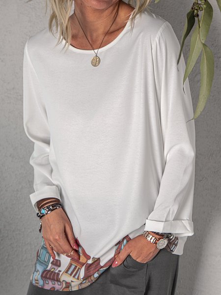 

Cotton-Blend Printed Long Sleeve Tops, White, Long sleeve tops