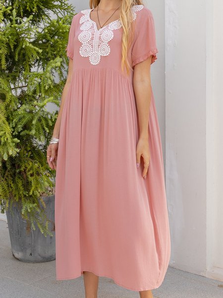 

V Neck A-Line Boho Solid Midi Dress, Pink, Midi Dresses