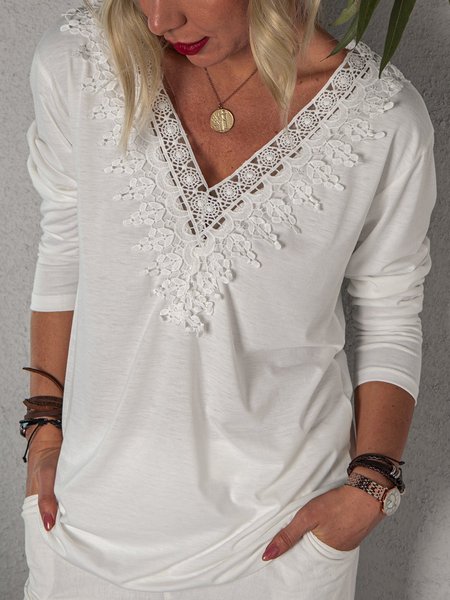 

Long Sleeve V Neck Solid Casual Tops, White, Tops
