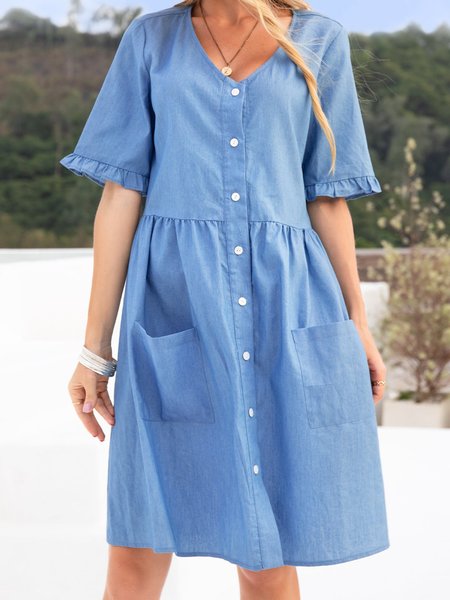 

Casual Pockets Half Sleeve Plain Weaving Dress, Blue, Mini Dresses