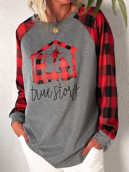 

True Story Print Check Sleeve Top, Deep gray, Sweatshirts & Hoodies