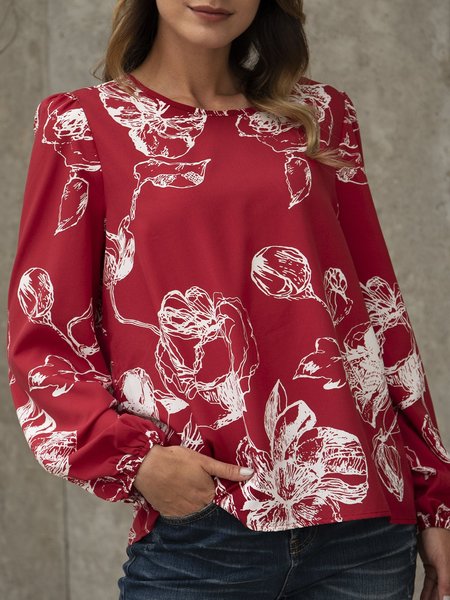 

Red V Neck Casual Printed Cotton-Blend Top, Blouses and Shirts