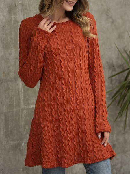 

Coral Orange Casual Cotton-Blend Long Sleeve Dress, Mini Dresses