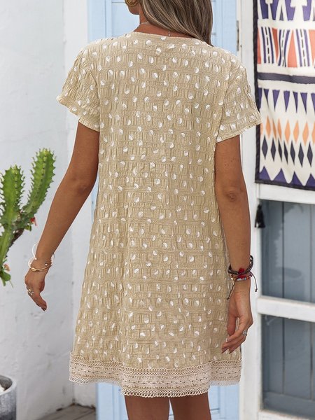 

Yellow Short Sleeve V Neck A-Line Polka Dots Women Dress, Designers