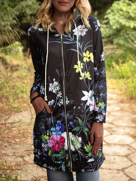 

Gray Floral Long Sleeve Adjustable Strap Cotton-Blend Outerwear, Outerwear