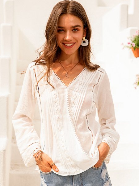

Long Sleeve Cotton V Neck T-shirt, White, Auto-clearance