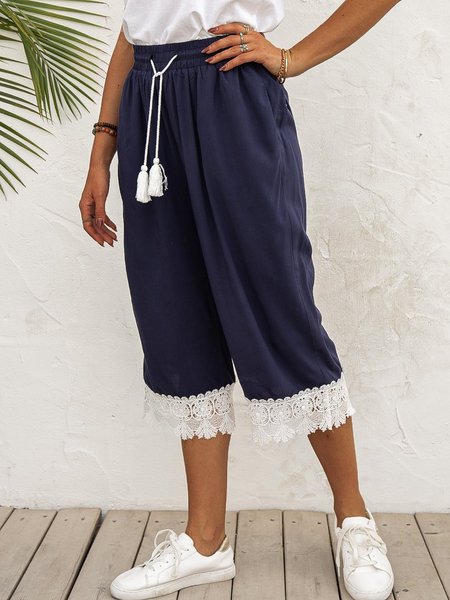 

Color-Block Vintage Lace Hem Tassel Pants, Navy, Shorts