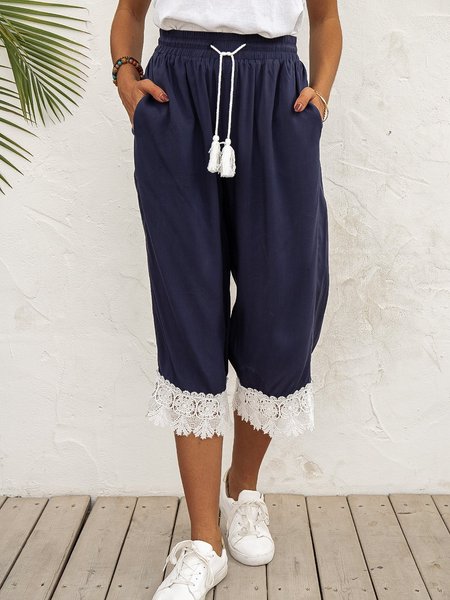 

Color-Block Vintage Lace Hem Tassel Pants, Navy, Pants