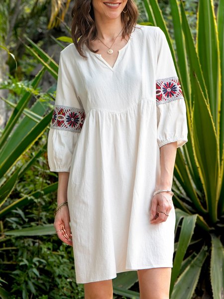 

3/4 Sleeve V Neck Casual Embroidered Dress, White, Mini Dresses
