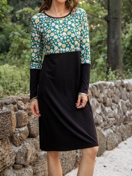 

Crew Neck Shift Long Sleeve Vintage Dress, Black, Midi Dresses
