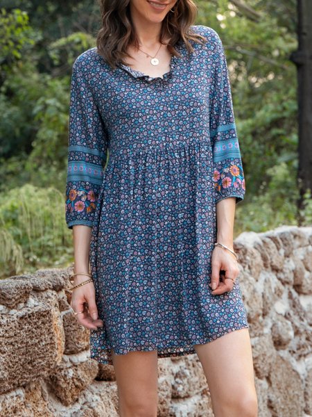 

Half Sleeve Cotton-Blend Casual Printed Dress, Blue, Mini Dresses
