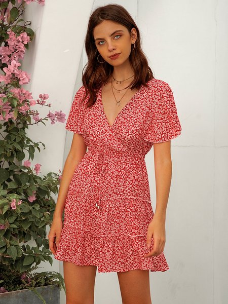 

Swing Polyester Cotton Floral Short Sleeve Weaving Dress, Red, Midi Dresses