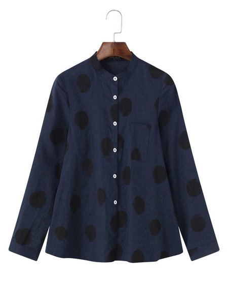 

Casuale a pois Irregolare Maniche Lunghe Colletto Rialzato Donna Camicetta, Blu marino, Blouses & Shirts