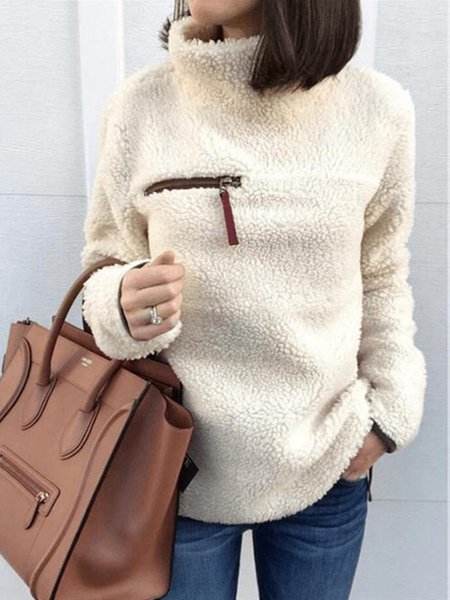 

High Neck Zipper Plain Sweater, Apricot, Sweaters & Cardigans