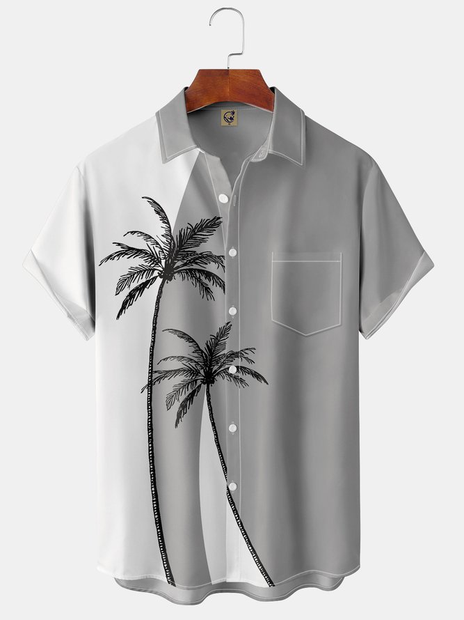Men's Coconut Tree Colorblock Print Casual Breathable Men's Hawaiian Short Sleeve Vintage Shirt with Pockets