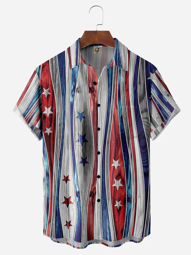 Hardaddy American Flag Striped Chest Pocket Short Sleeve Casual Shirt
