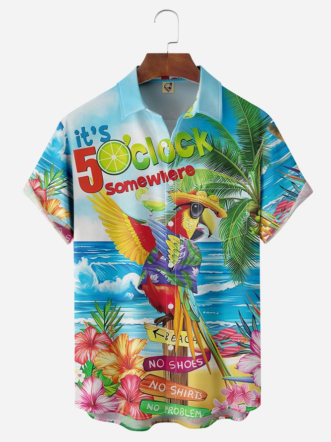 Margaritaville Themed Party Shirts It's 5 O'Clock Somewhere Parrot Chest Pocket Short Sleeve Hawaiian Shirt