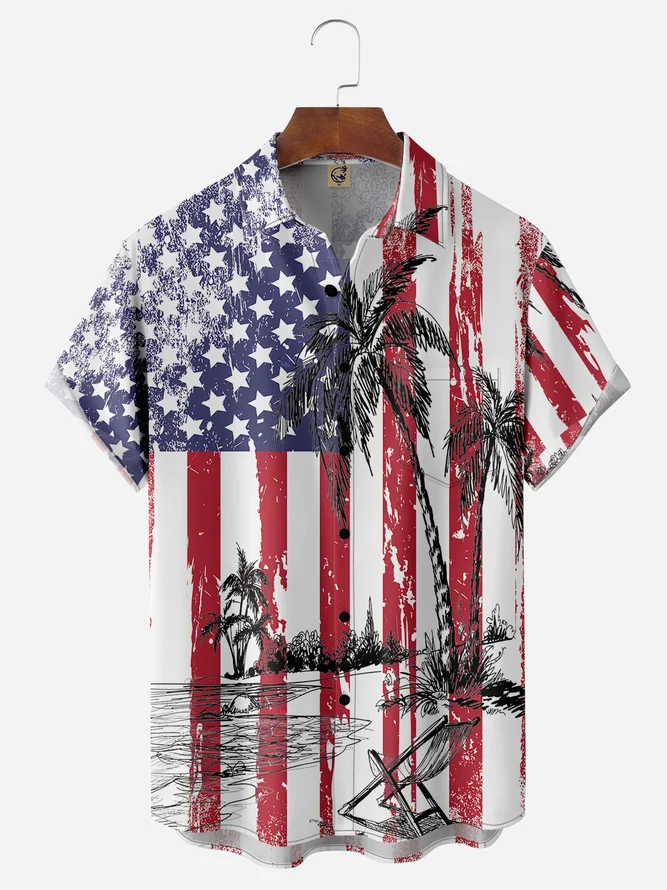 Patriotic Hawaiian Shirts Flag Coconut Tree Chest Pocket Short Sleeve Casual Shirt