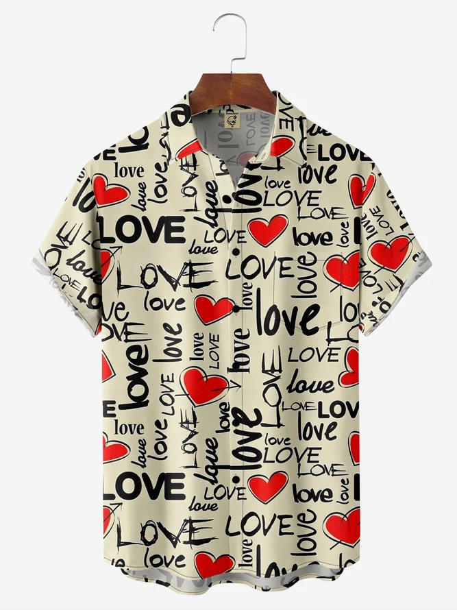 Valentine Day Shirts For Men Valentine Love Heart Chest Pocket Short Sleeve Hawaiian Shirt