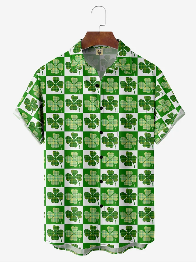St. Patrick's Day Clover Chest Pocket Short Sleeve Hawaiian Shirt