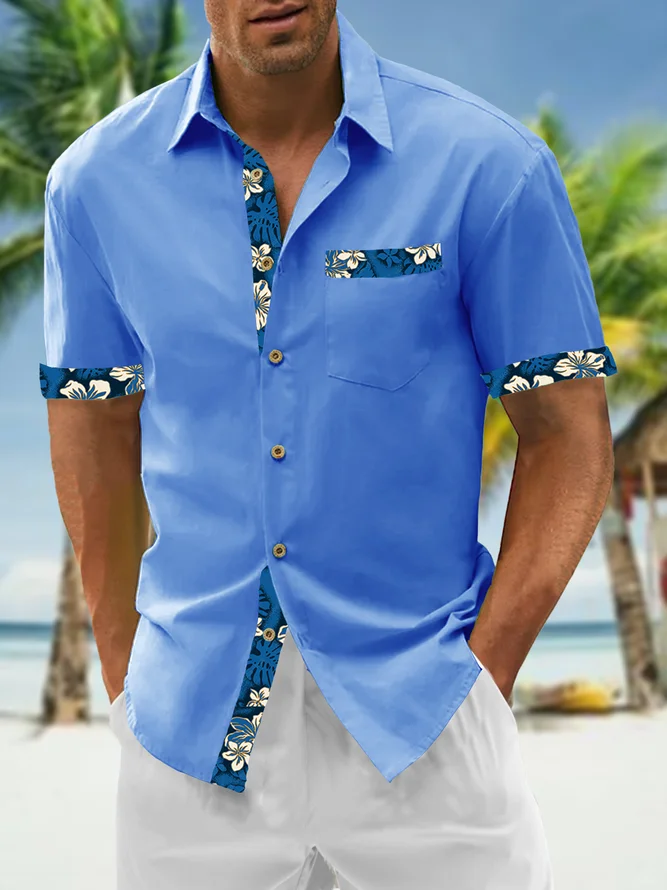 Hardaddy 100%Cotton Patchwork Floral Regular Fit Blue Men Short Sleeve Hawaiian Casual Shirt