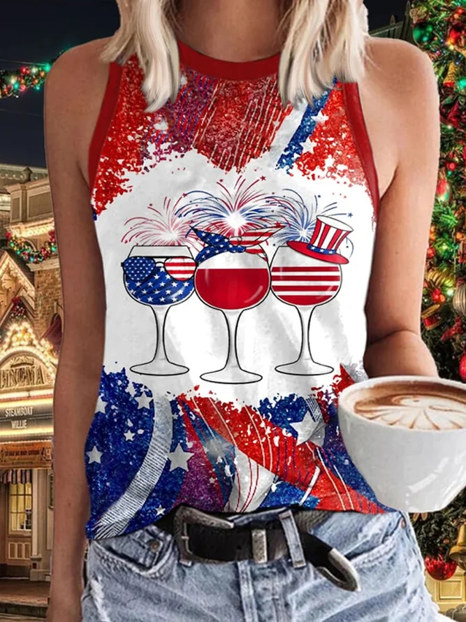 Casual Crew Neck Independence Day (Flag) Tank Top
